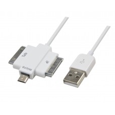 3-in-1 USB Charger Sync Cable, One Samsung 30-pin Connector, One Apple Dock (for iPad / iPhone / iPod), and One USB Micro-B Port, White Color - CL-CAB20143