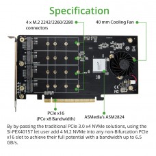 QUAD M.2 NVMe Ports to PCIe 3.0 x16 Interface ( x8 Bandwidth) Bifurcation Riser Controller - SI-PEX40157