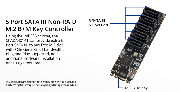 Internal 5 Port Non-Raid SATA III 6GB//s M.2 B+M Key Adapter Card for Desktop PC Support SSD and HDD JMB585 Chipset