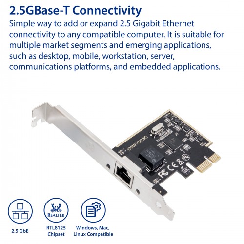 2.5G Gigabit Ethernet PCI-E Network Card – RTL8125 Chip, 1 Port RJ45, For Windows
