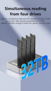 4 Bays USB4.0 (USB-C) 40G Portable NVMe (M Key, B+M Key) / NVMe / PCIe SSD (22110, 2280, 2260, 2242, 2230) Ultra Fast External SSD Docking Station Duplicator Cloner (Docking Only)