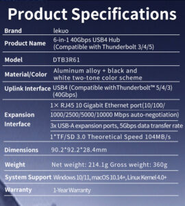 USB4.0 40Gbps 6-in-1 Hub, 1x RJ45 10G Ethernet Port, 3x USB-A, 1x TF, 1x SD Card Reader