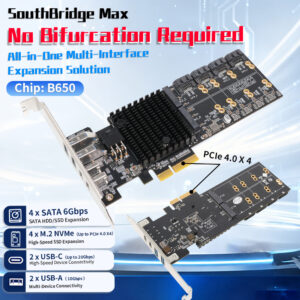 SouthBridge Max PCIe 4.0 Multi-Function Expansion Card up to 12 Ports (NVMe M2, USB, SATA) - No Motherboard Bifurcation Required